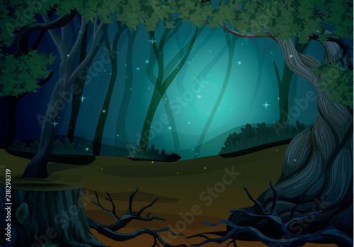 Scene with fireflies in forest at night