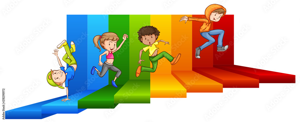Fototapeta premium Young teenage walking to colourful steps