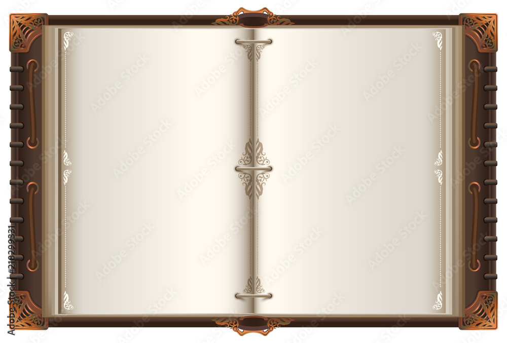 Fototapeta premium Vintage old open book spread mockup with blank pages