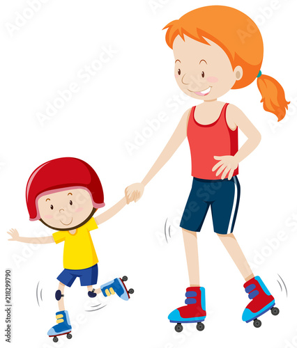 Mum and young boy rollaskating