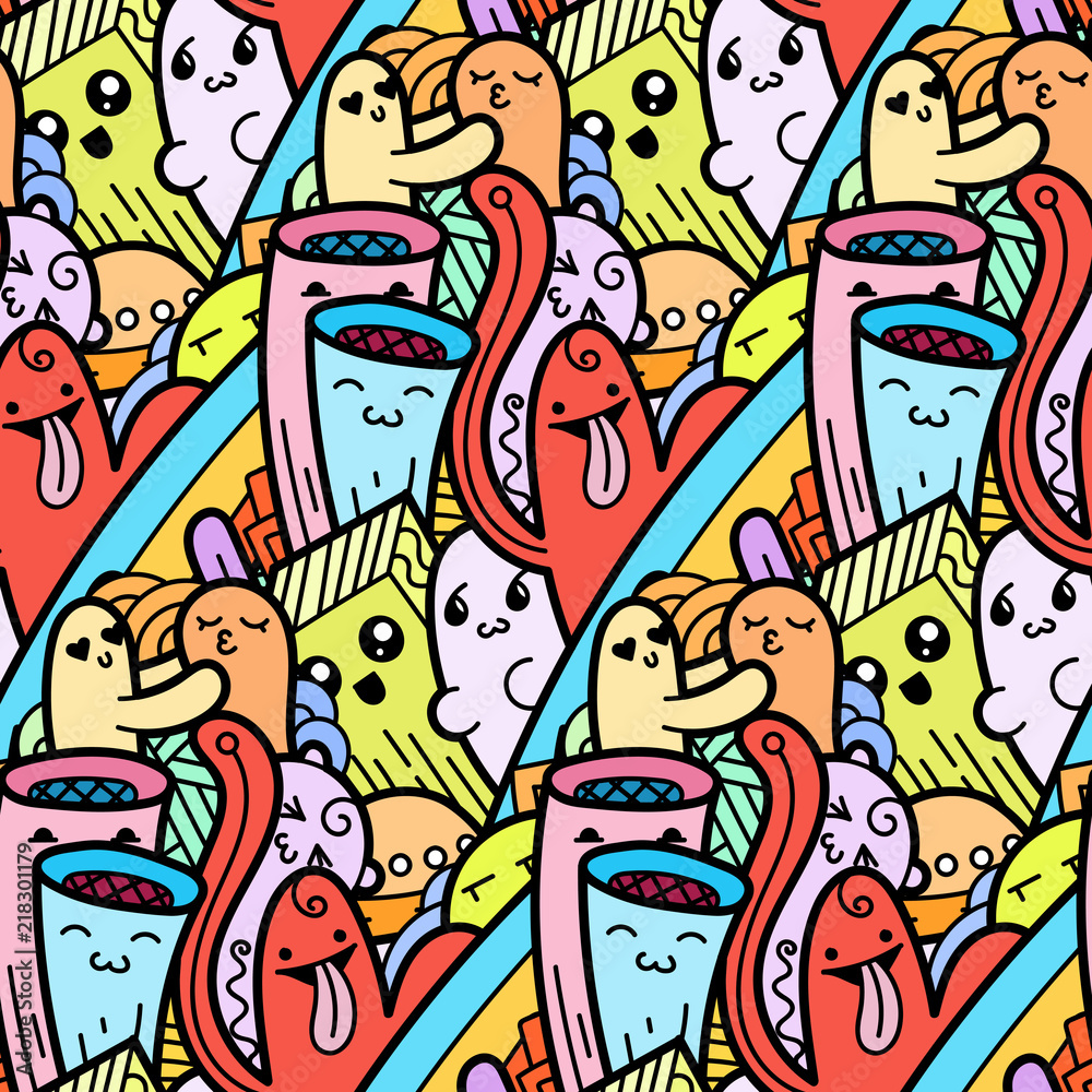 Fototapeta premium Funny doodle monsters seamless pattern for prints, designs and coloring books