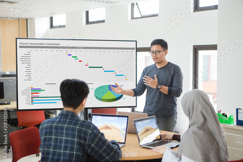 Project management dashboard concept. Man presenting to colleagues at a meeting about project management.