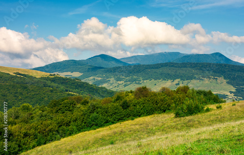 grassy hills and distant mountain peaks. lovely countryside landscape of carpathians