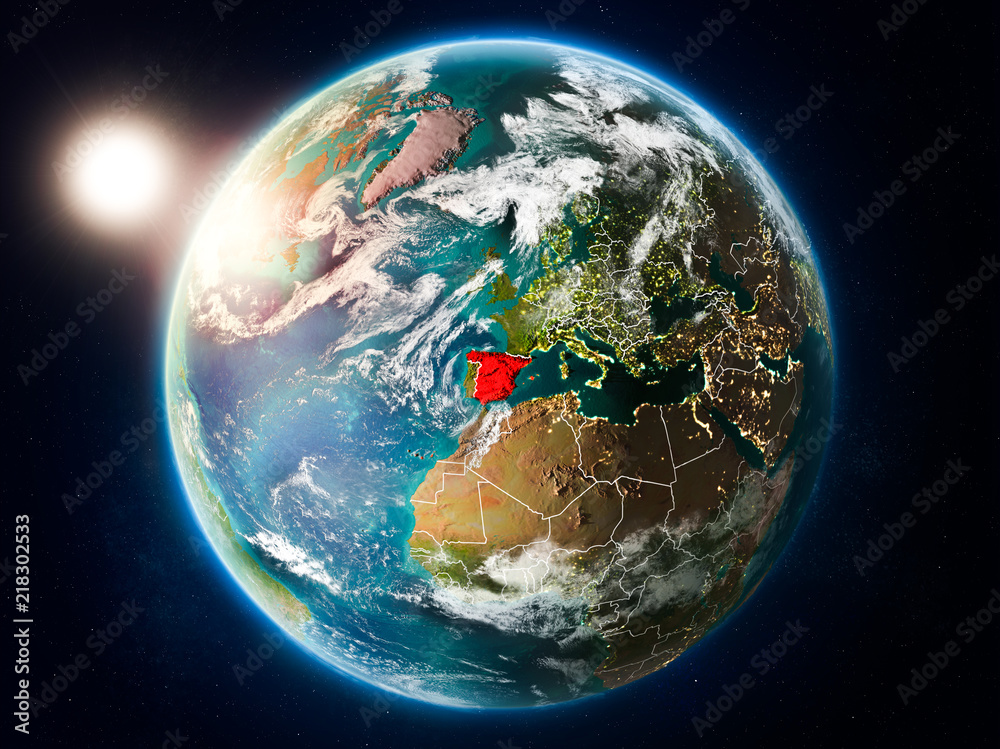 Fototapeta premium Spain with sunset from space