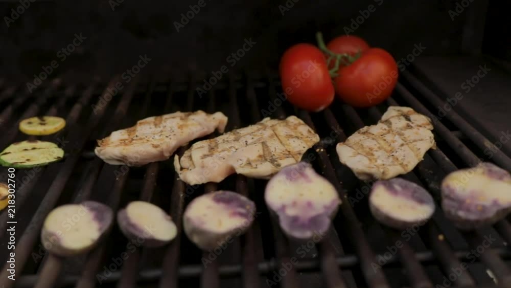 Grill Filled with Grilled Chicken and Vegetables Slow Motion Grill Filled with Grilled Chicken and Vegetables Slow Motion