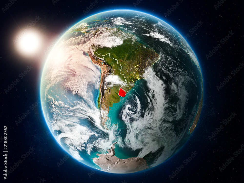 Fototapeta premium Uruguay with sunset from space