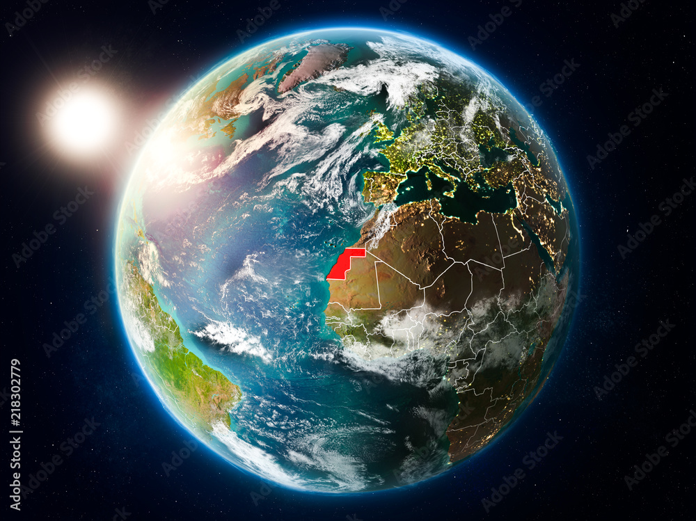 Obraz premium Western Sahara with sunset from space