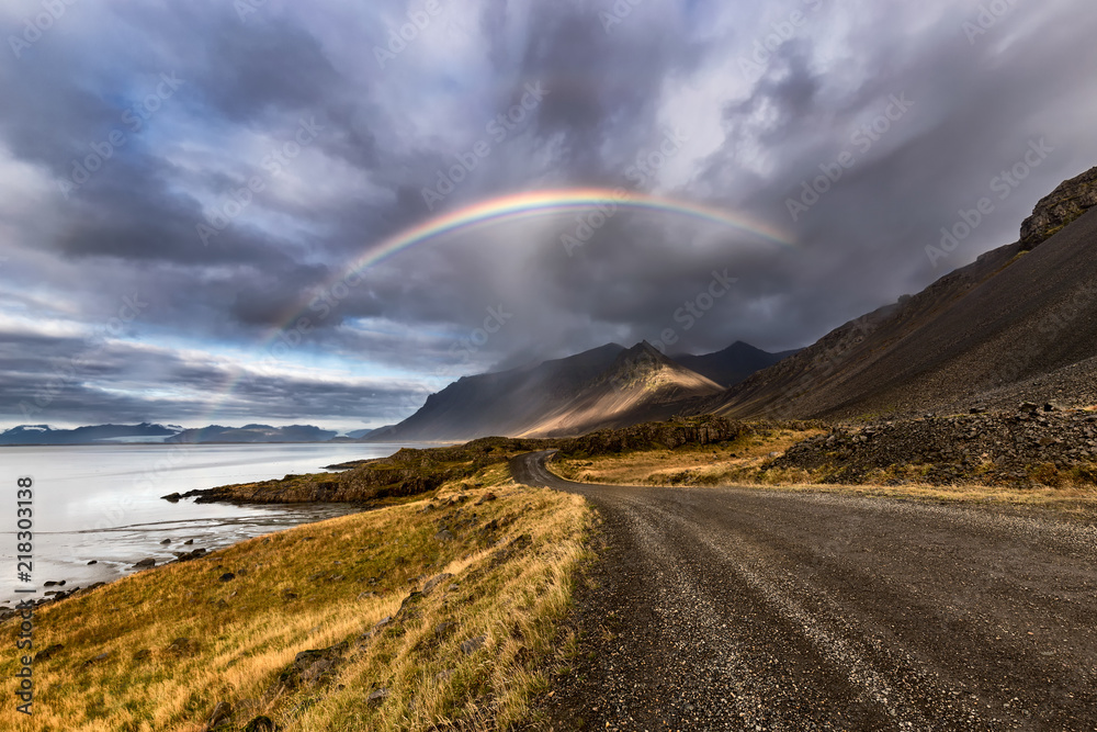 Rainbow over the road at Stokksnes in Iceland