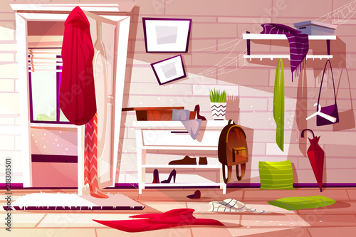 Hallway room messy interior vector illustration of retro apartment corridor or store entrance clutter. Cartoon wardrobe with store compartments and clothing scattered on floor and dusty web on shelf