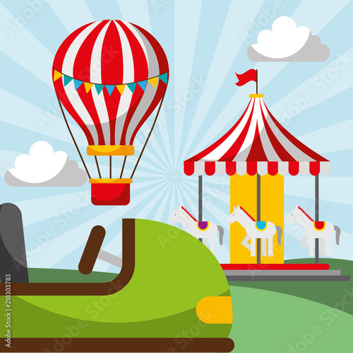 hot air balloon carousel and bumper car carnival fun fair festival