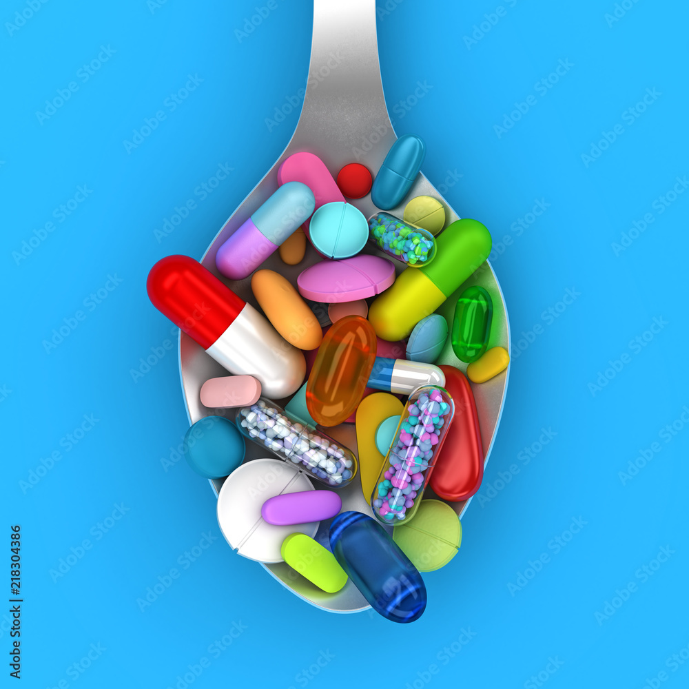 Dose of colorful pills in spoon - 3d render - obrazy, fototapety, plakaty 