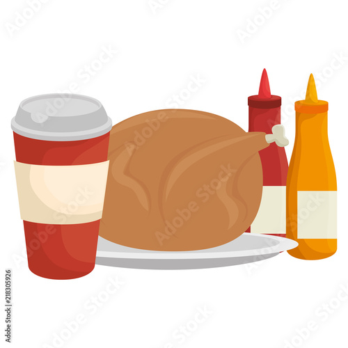 delicious chicken meat with sauces and soda