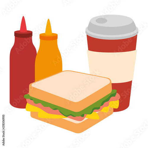 delicious sandwish with soda and sauces