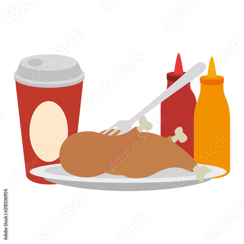 delicious chicken thighs with sauces and soda