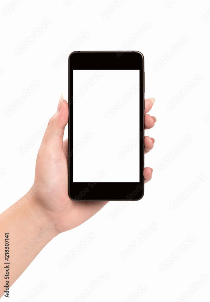Woman hand holding smartphone isolated on white background. Woman hand holding smartphone isolated on white background.