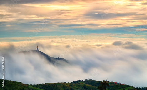 Viewpoint,mountain,mist at sunrise time in Phu Thap Boek with a pagoda temple in Phu Thap Boek ,Phetchabun,Thailand photo
