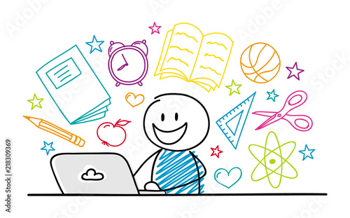 School concept with cartoon stickman working on laptop. Vector.