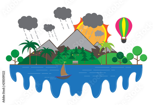 Vector wallpaper with a landscape, mountains and river