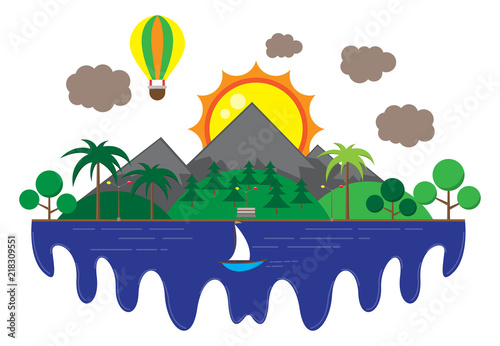 Vector wallpaper with a landscape, mountains and river
