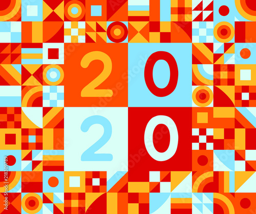 2020 happy new year of rat greeting postcard flat style design vector illustration with geometric color elements and numbers.