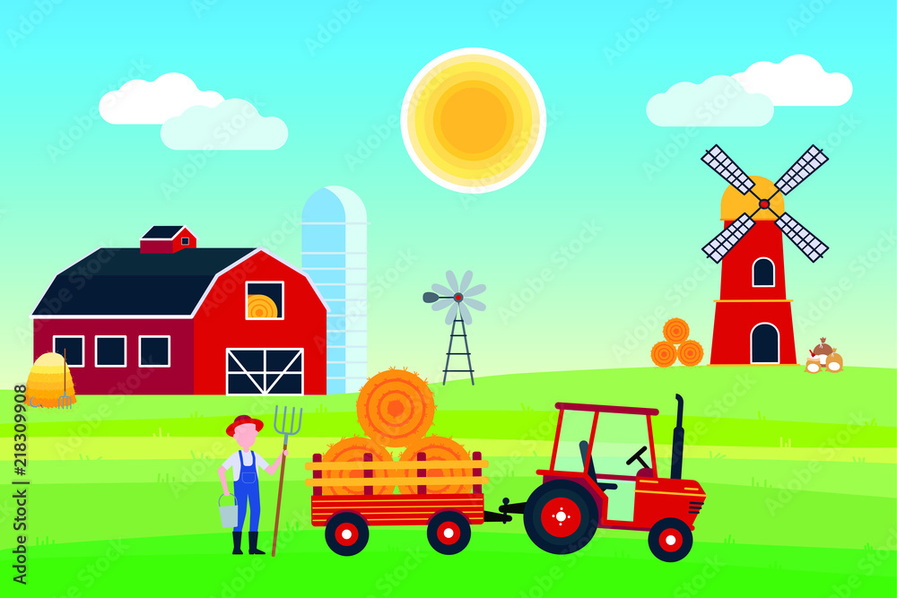 Naklejka premium Village harvesting landscape poster, banner or wallpaper. The tractor with semi-trailer and hay bale, red barn with silo, windmill and mill with flour producing flat style design vector illustration.