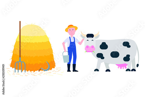 Farmer with hayfork and bucket near pile of hay and black white spotted cow stand with grass in its mouth flat style vector illustration isolated on white background. Symbol of the milk producing.