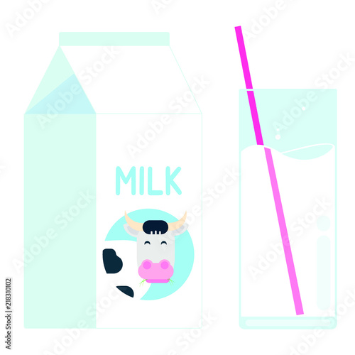 Diary product milk pack with cow in the circle and glass of milk with straw flat style design vector illustration isolated on white background. Minimalistic flat design box package of milk and glass