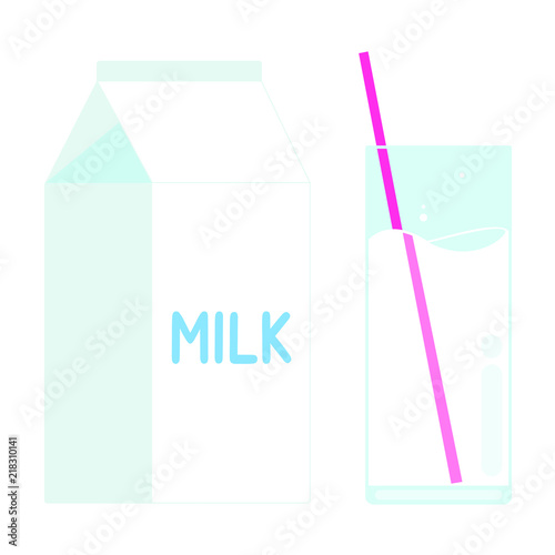 Diary product milk pack and glass of milk with straw flat style design vector illustration isolated on white background. Minimalistic flat design box package of milk and glass of it.