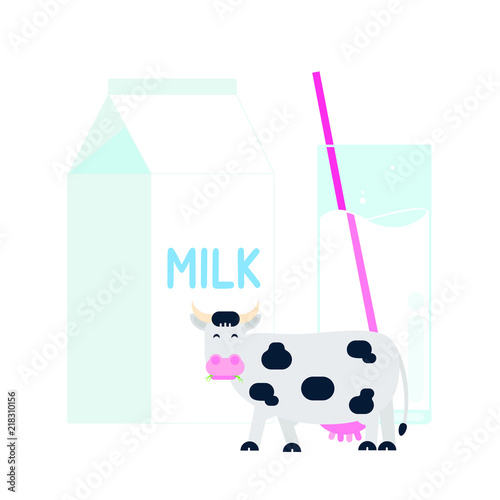 Diary product milk pack and glass of milk with straw flat style design vector illustration isolated on white background. Minimalistic flat design box package of milk and glass of it.