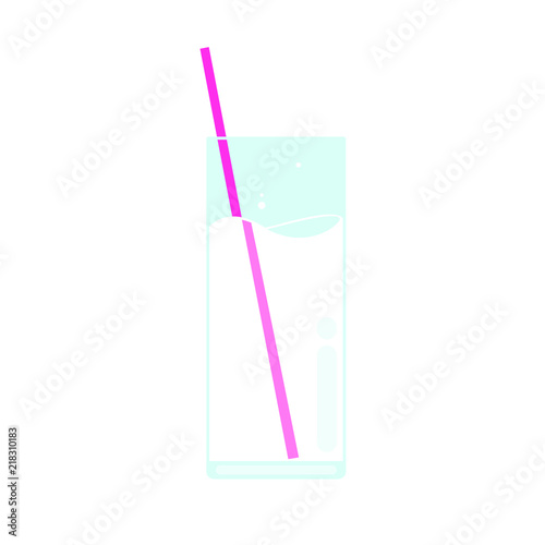 Glass of milk with pink straw flat style vector illystration isolated on white background