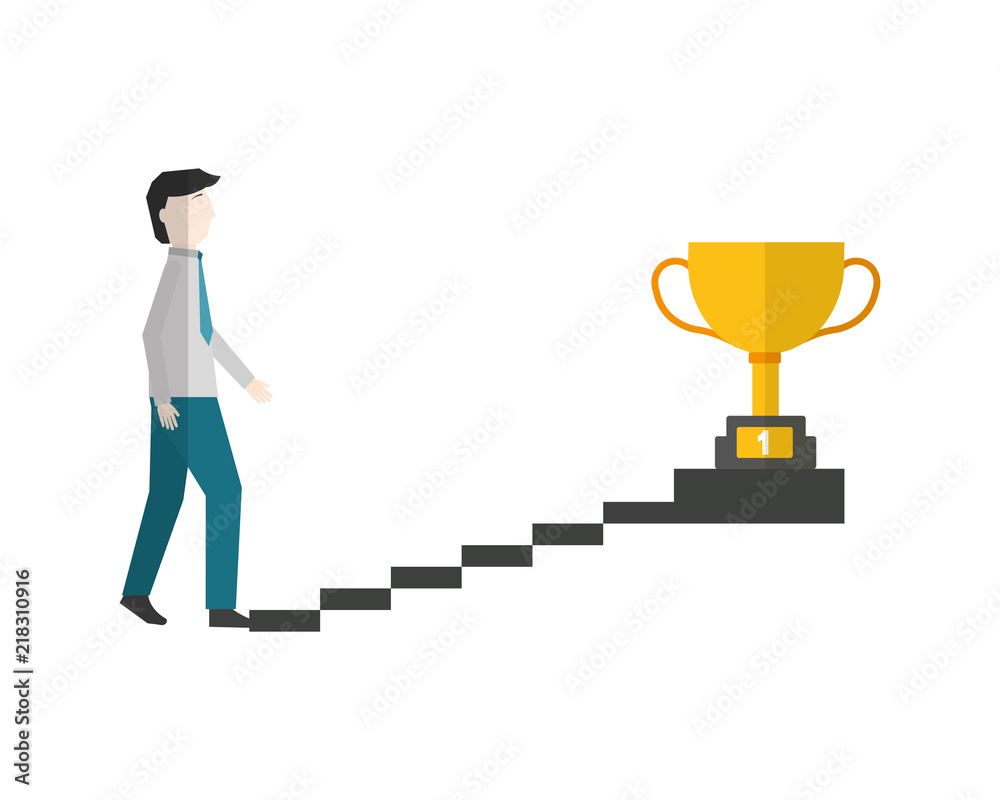 businessman climbs stairs with trophy on top businessman climbs stairs with trophy on top