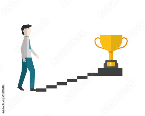 businessman climbs stairs with trophy on top