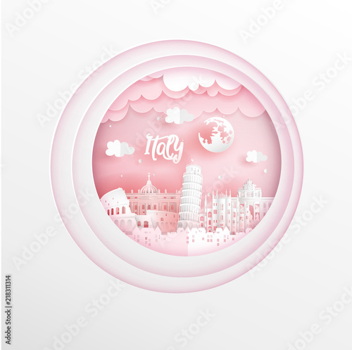 World famous landmark of Italy in a circle white frame with colorful design in paper cut style vector illustration for travel poster, postcard and advertising.