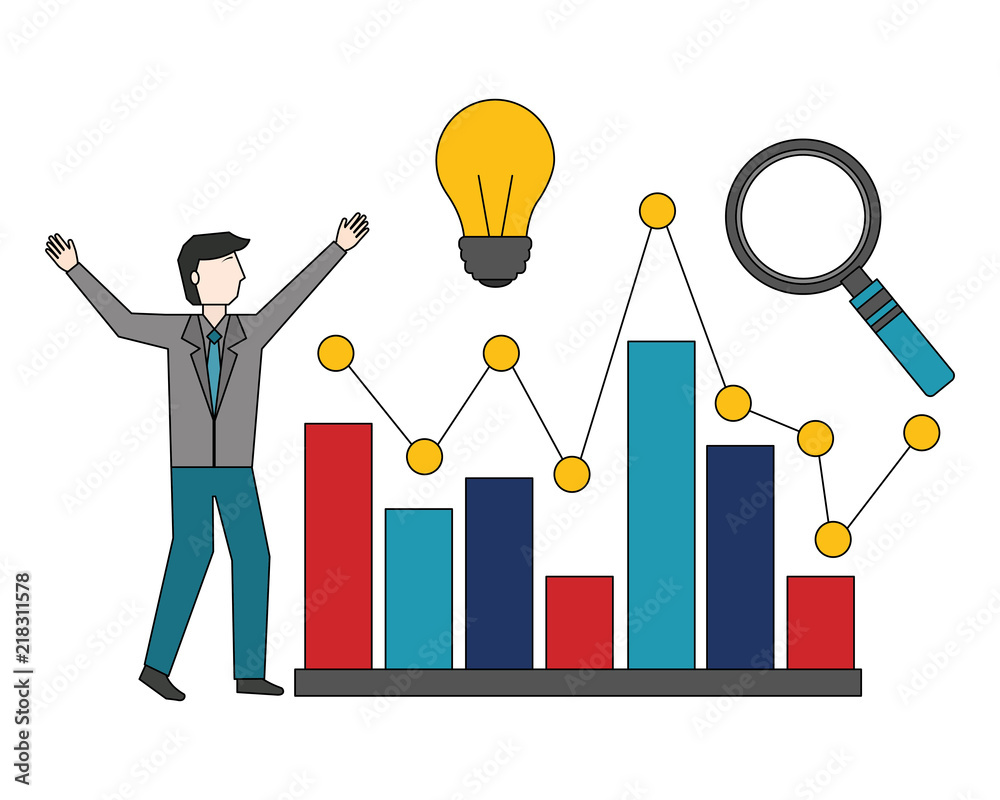 businessman creativity chart and magnifying glass businessman creativity chart and magnifying glass