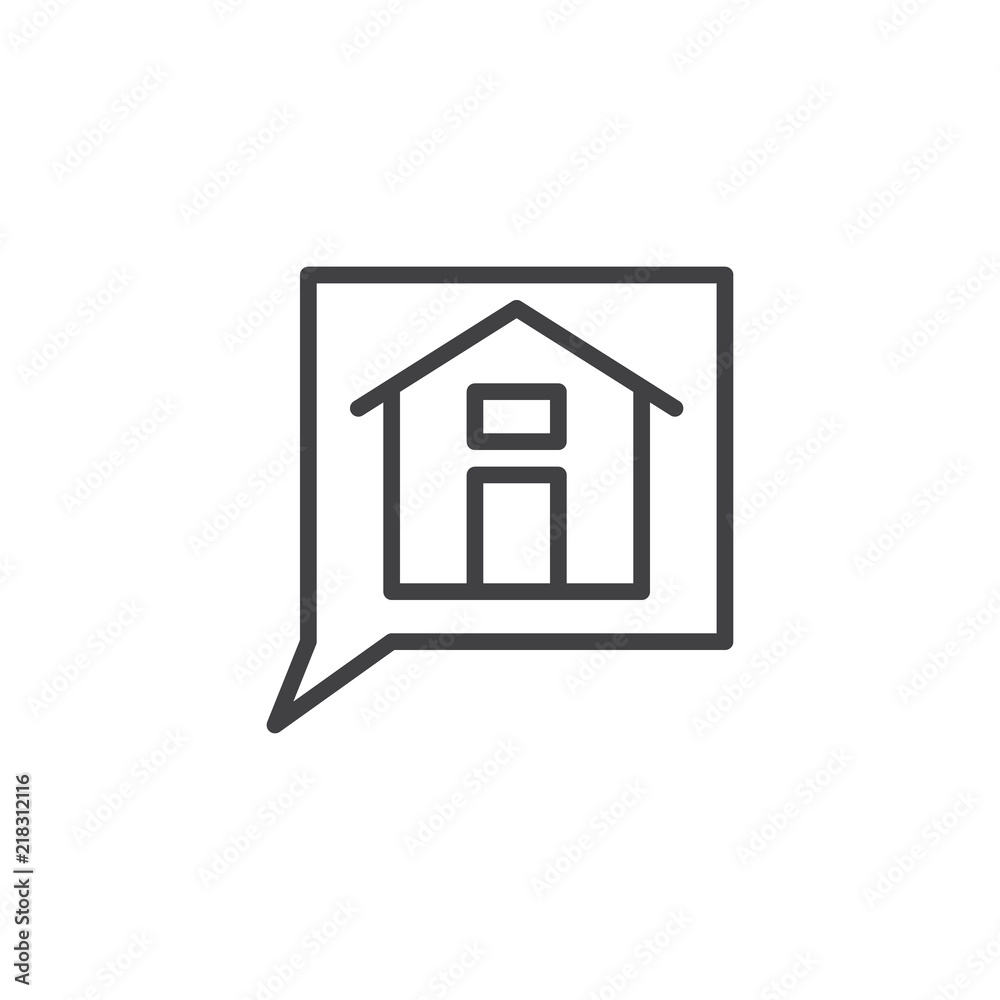Home message outline icon. linear style sign for mobile concept and web design. Speech bubble with house simple line vector icon. Symbol, logo illustration. Pixel perfect vector graphics Home message outline icon. linear style sign for mobile concept and web design. Speech bubble with house simple line vector icon. Symbol, logo illustration. Pixel perfect vector graphics