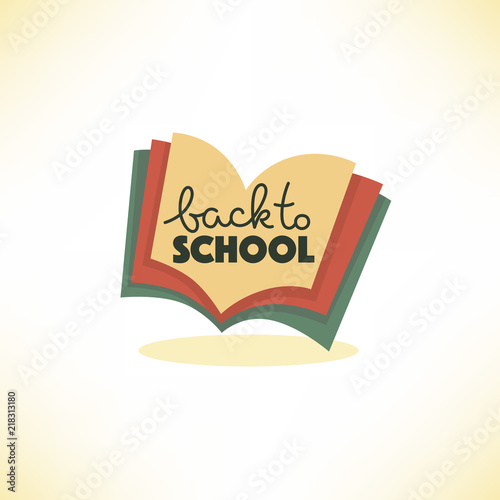 back to school, lettering composition with image of open book background for logo, label, emblem