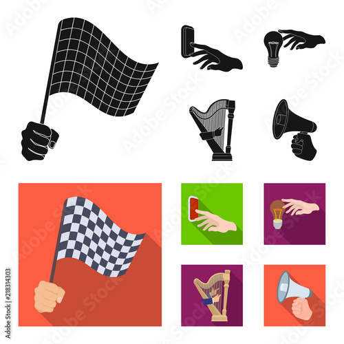 Electric switch button, incandescent lamp and other web icon in black,flat style. harp playing, Megaphone in hand icons in set collection.