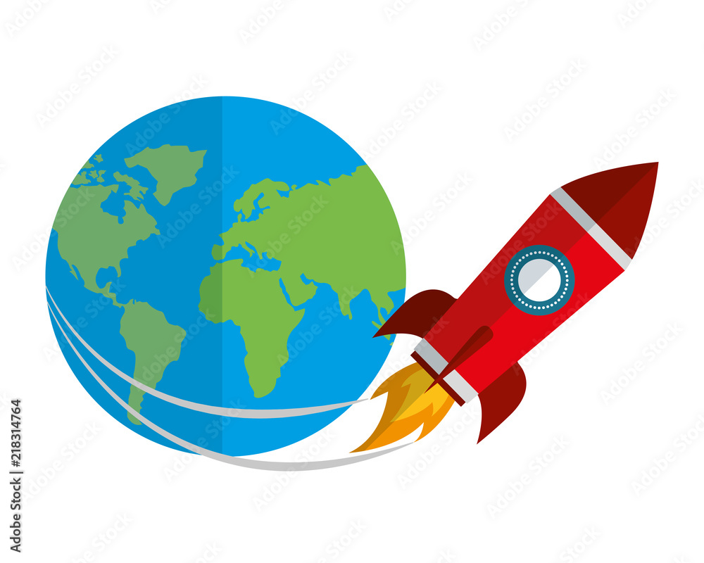 startup rocket with earth planet isolated icon startup rocket with earth planet isolated icon