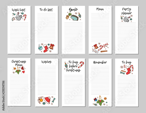 Wish List for Christmas. Christmas page with candy cane,  ornaments, candle, Christmas red hat, hand drawn elements. Printable page, vector illustration.