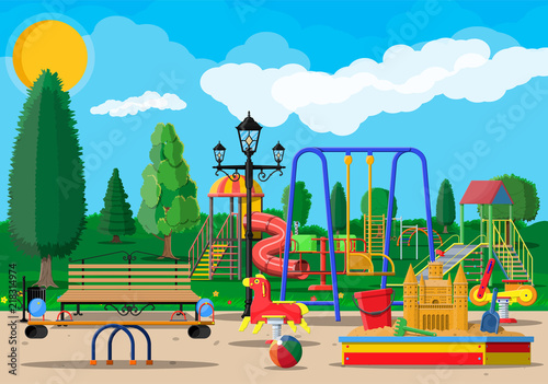 Kids playground kindergarten panorama. Urban child amusement. Slide ladder, rocking toy on spring, slide tube, swing carousel balancer, sandbox bucket rake castle scoop. Vector illustration flat style