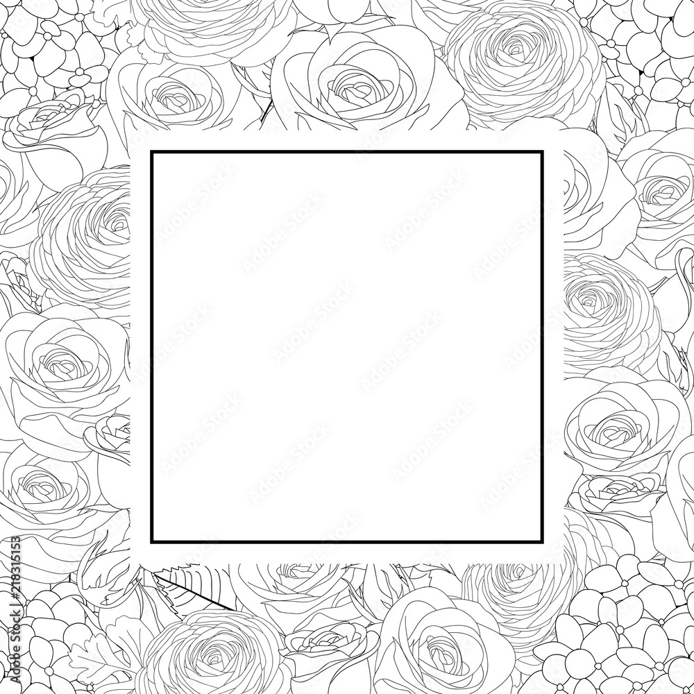 Rose, Hydrangea and Ranunculus Outline Banner Card Rose, Hydrangea and Ranunculus Outline Banner Card