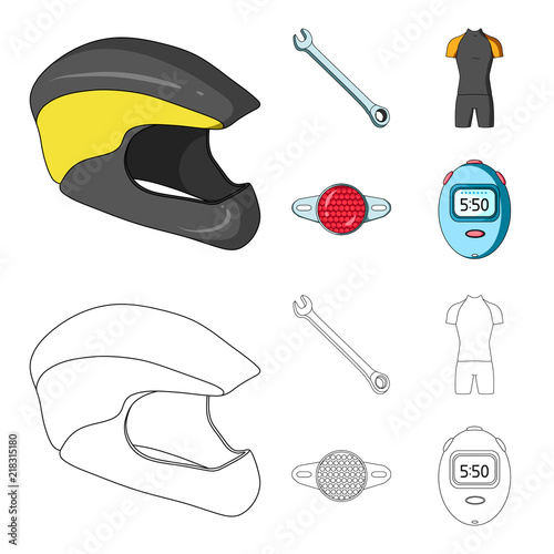 A wrench, a bicyclist bone, a reflector, a timer.Cyclist outfit set collection icons in cartoon,outline style vector symbol stock illustration web. photo