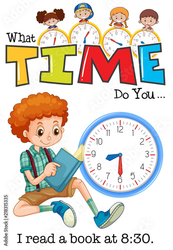 A boy reading book at 8:30