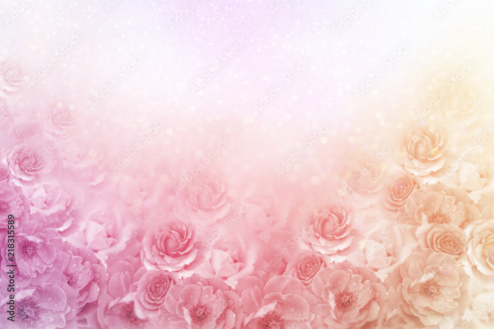 Naklejka premium piękne róże kwiat granicy w miękkim kolorze vintage ton z brokatem tło dla valentine lub karty ślubu