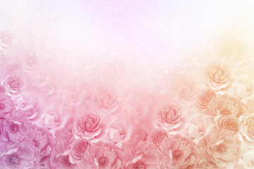 beautiful roses flower border in soft vintage tone color with glitter background for valentine or wedding card 