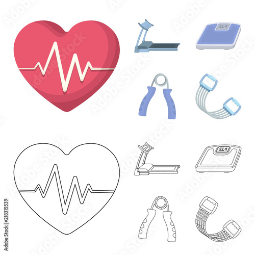 Treadmill, scales, expander and other equipment for training.Gym and workout set collection icons in cartoon,outline style vector symbol stock illustration web. photo