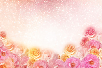 beautiful roses flower border in soft vintage tone color with glitter background for valentine or wedding card 