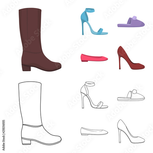 Blue high-heeled sandals, homemade lilac slippers with a pampon, pink women ballet flats, brown high-heeled shoes. Shoes set collection icons in cartoon,outline style vector symbol stock illustration
