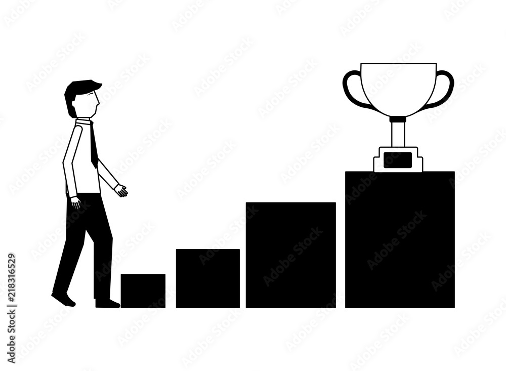 businessman with cup trophy and stairs businessman with cup trophy and stairs