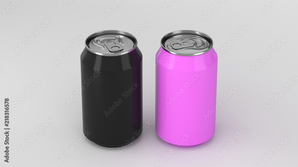 Two small black and purple aluminum soda cans mockup on white background Two small black and purple aluminum soda cans mockup on white background